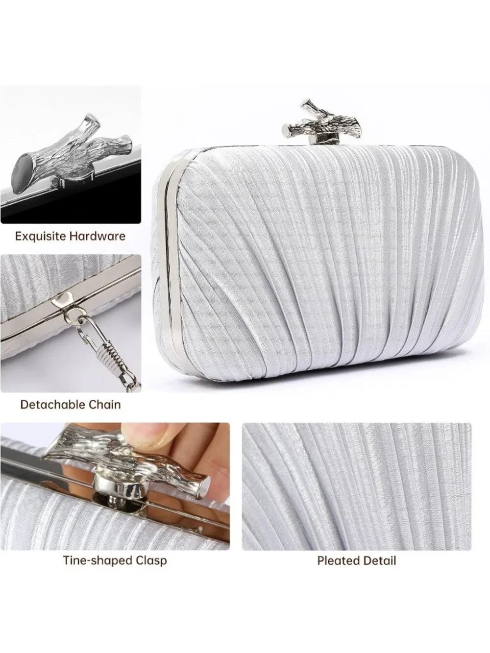Women's Silver Pleated Clutch Purse For Formal With Chain Evening Bag
